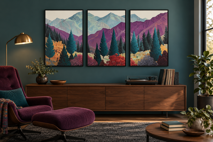 3 piece mid century abstract purple mountain landscape framed canvas wall art above a wood sideboard