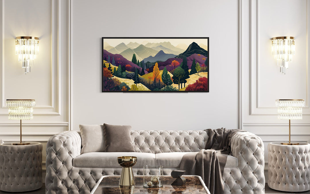 Mid Century Modern Purple Yellow Mountain Landscape Canvas Wall Art