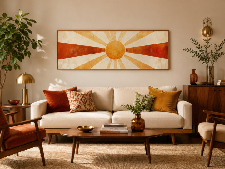 Mid-century modern long horizontal sun rays wall art in orange, rust, and beige above a cream sofa.