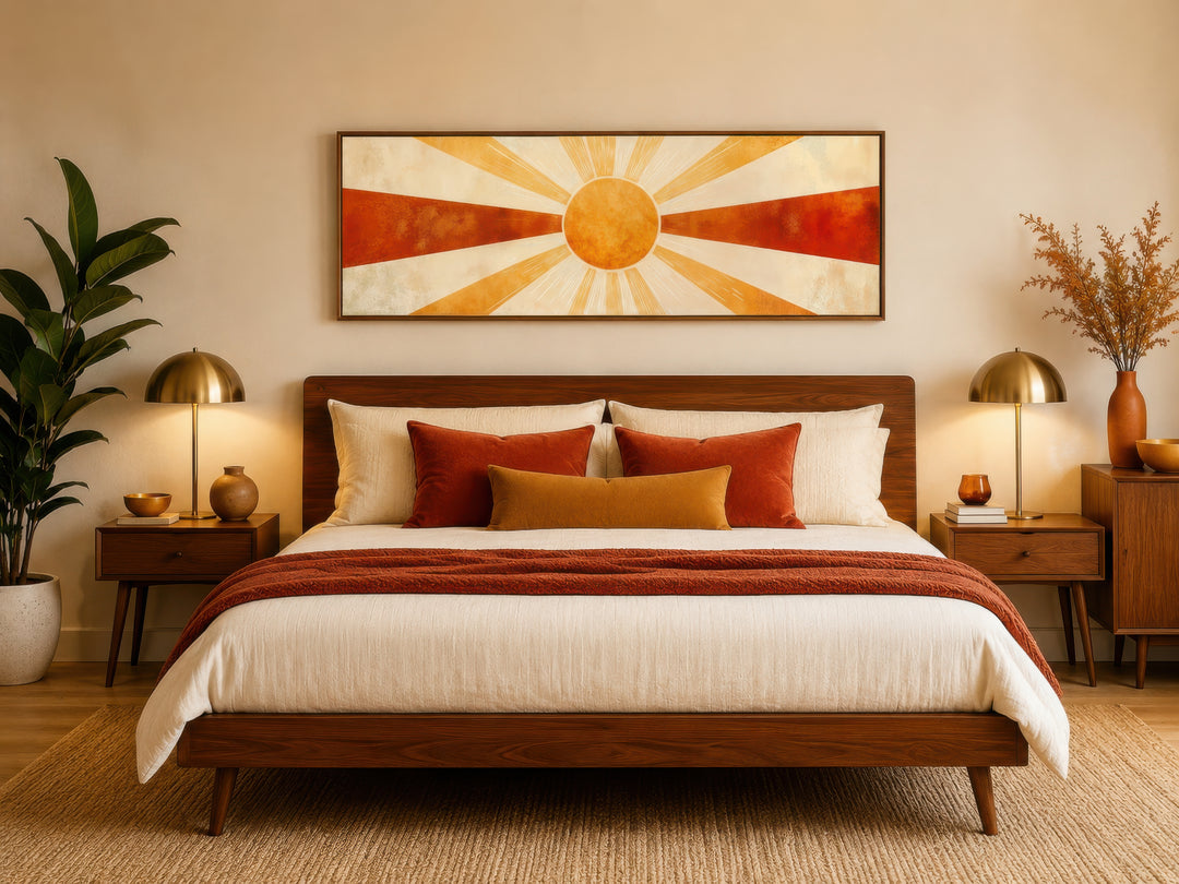 Mid-century modern sun rays wall art in orange, rust, and beige above a wooden bed frame.