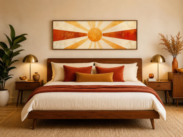 Mid-century modern sun rays wall art in orange, rust, and beige above a wooden bed frame.