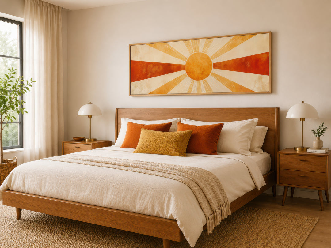Mid-century modern sun rays long horizontal canvas wall art in warm tones above a wooden bed.