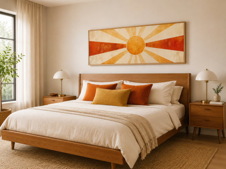 Mid-century modern sun rays long horizontal canvas wall art in warm tones above a wooden bed.