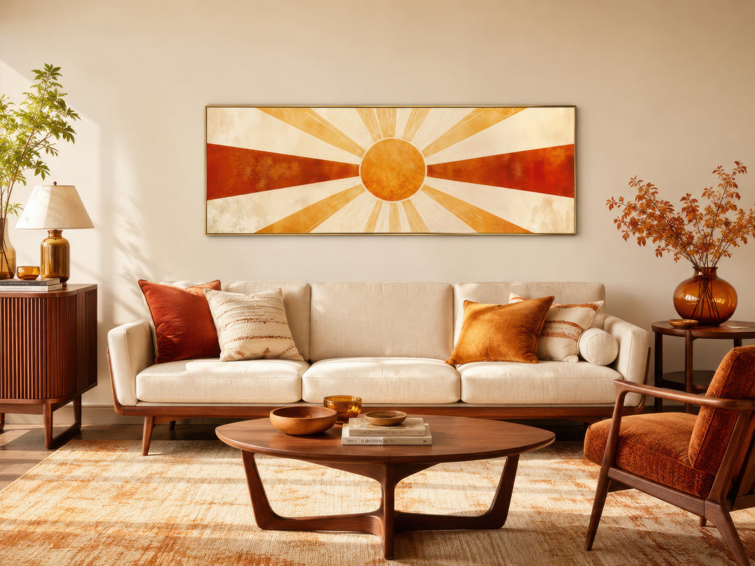 Mid-century modern sun rays long horizontal wall art in a warm orange and beige living room.
