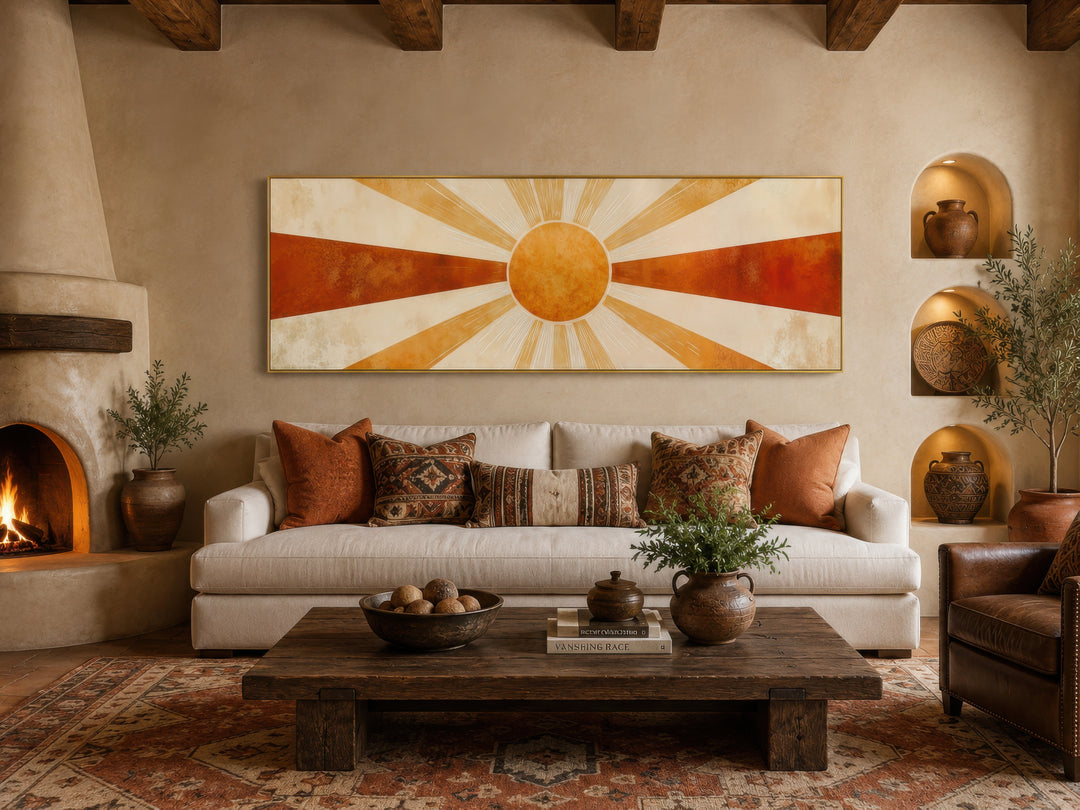 Mid-century modern sun rays wall art in orange, rust, and beige above a sofa in a rustic room.