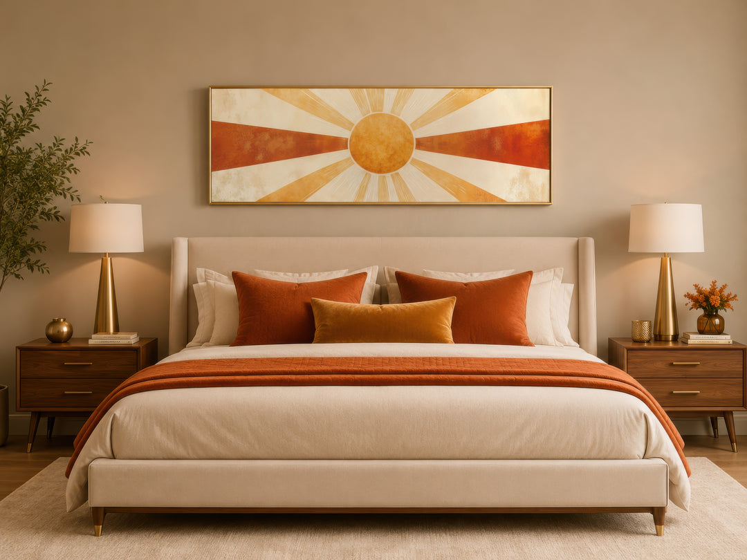 Mid-century modern sun rays long horizontal canvas wall art in a gold frame above a bed.