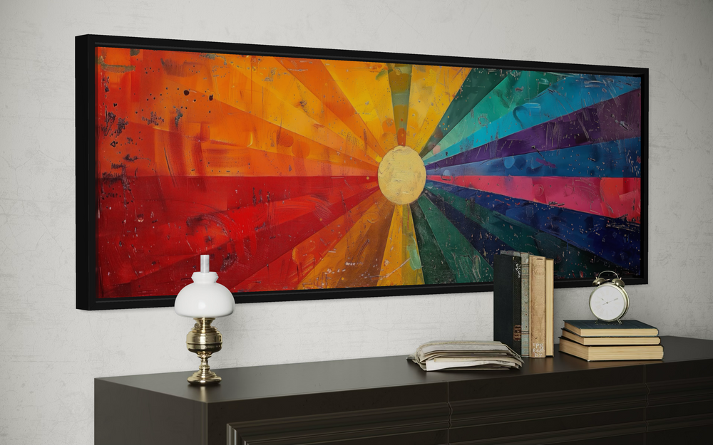 Mid Century Modern Sun Rays Panoramic Canvas Wall Art displayed above a dark wood dresser.