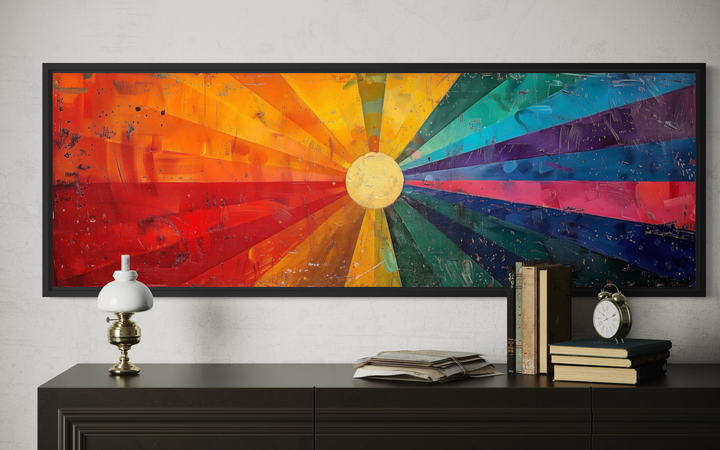 Panoramic canvas wall art featuring a vibrant mid-century modern sunburst in a black frame.