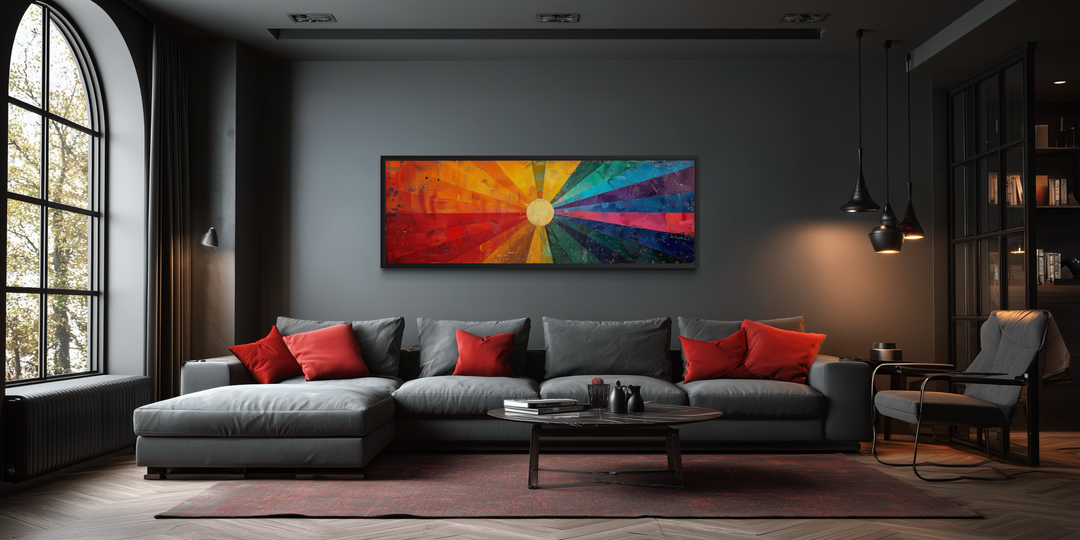 Mid Century Modern Sun Rays panoramic canvas wall art displayed above a gray sofa in a dark room.
