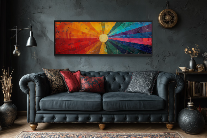 Mid Century Modern Sun Rays Panoramic Canvas Wall Art displayed above a dark tufted sofa.