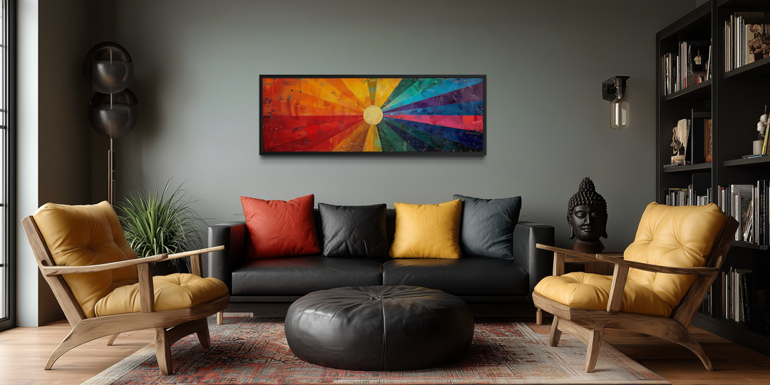 Mid Century Modern Sun Rays Panoramic Canvas Wall Art displayed above a black leather sofa.