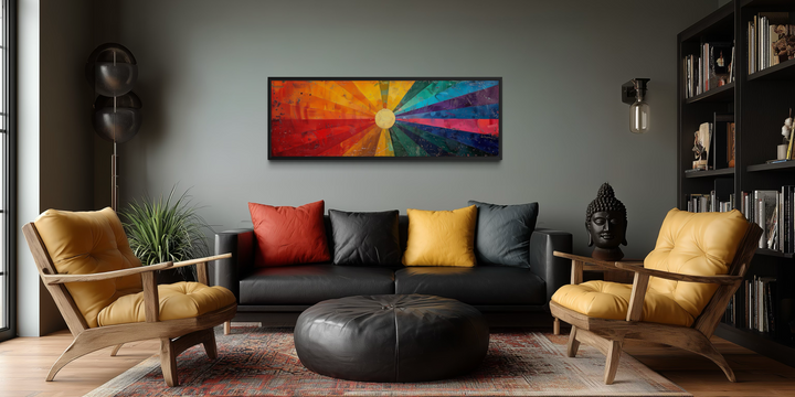Mid Century Modern Sun Rays Panoramic Canvas Wall Art displayed above a black leather sofa.