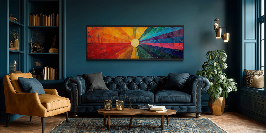 Mid Century Modern Sun Rays Panoramic Canvas Wall Art displayed above a navy blue tufted sofa.