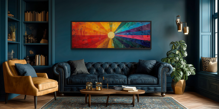 Mid Century Modern Sun Rays Panoramic Canvas Wall Art displayed above a navy blue tufted sofa.