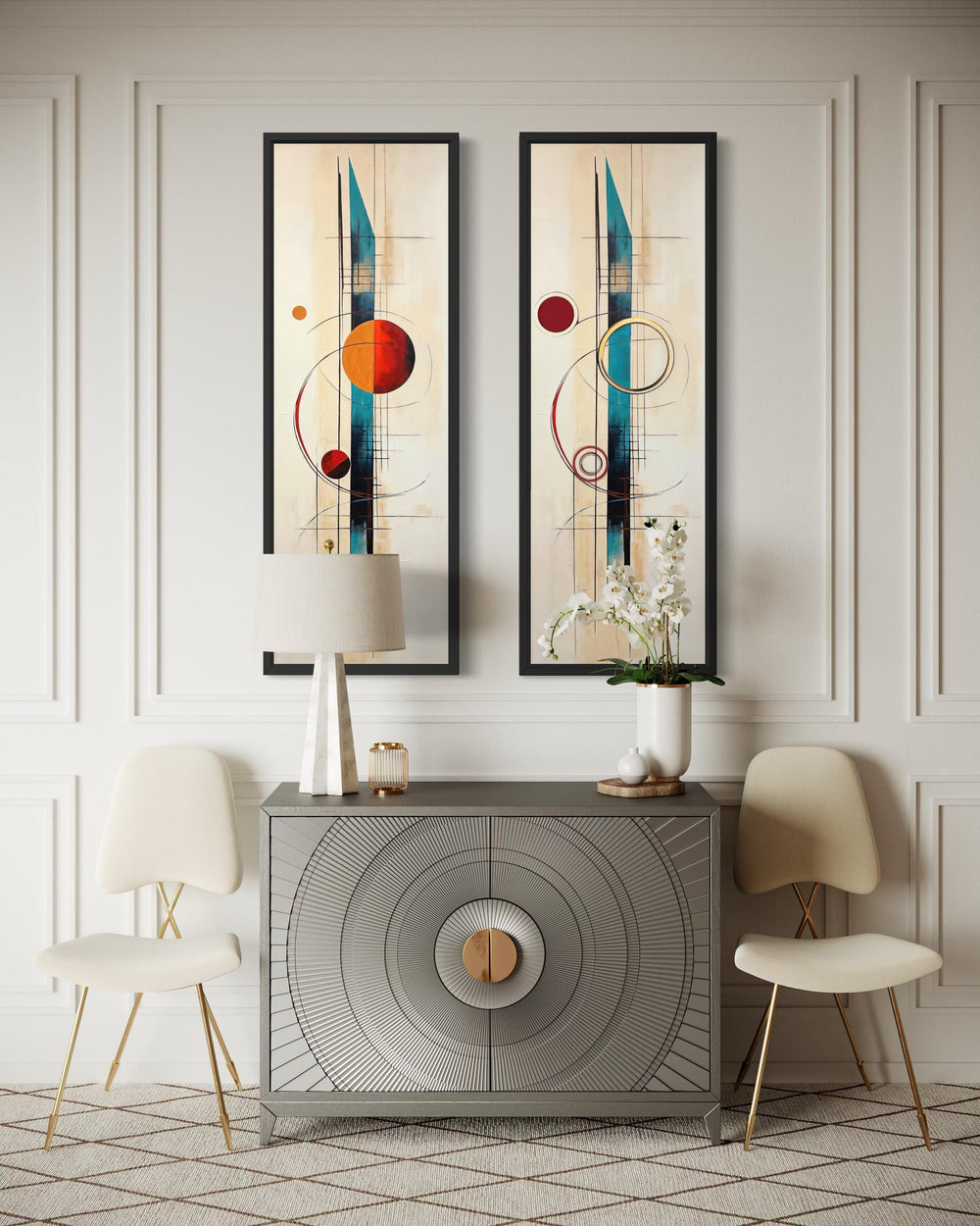 Set of two tall, narrow mid-century modern canvas wall art pieces with geometric shapes.