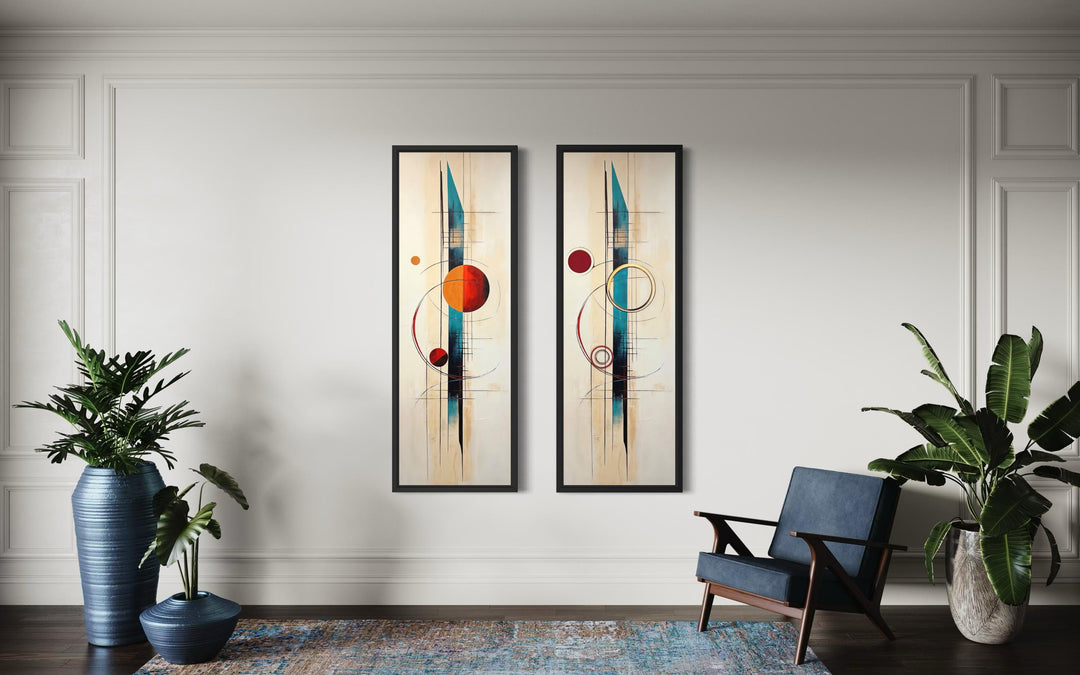 Set of two tall narrow canvas prints featuring mid-century modern geometric abstract designs.