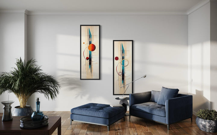 Set of two tall, narrow mid-century modern canvas prints with geometric shapes in teal and orange.