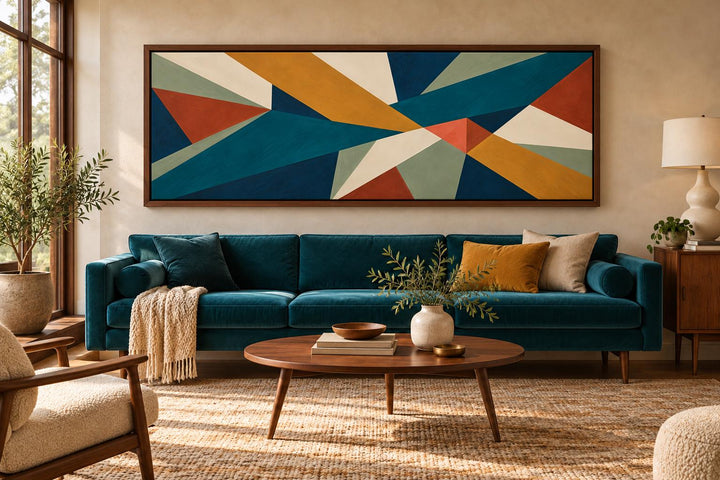 Mid-century modern teal and ochre geometric abstract horizontal canvas art above a teal sofa.