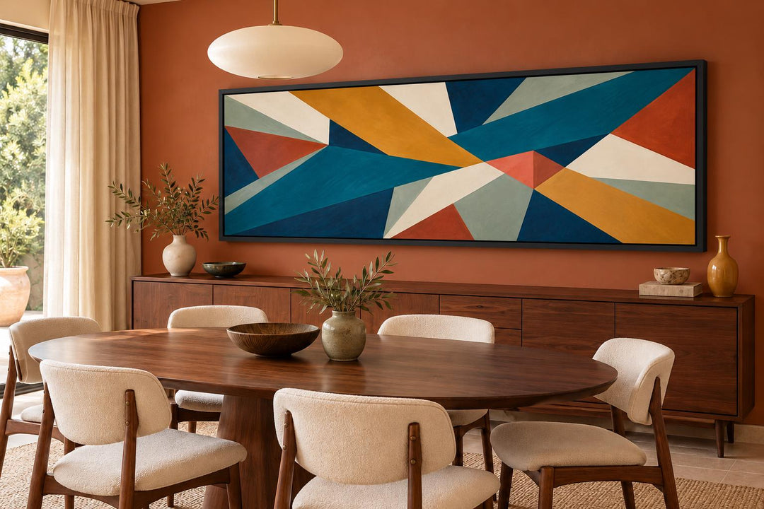 Mid Century Modern Teal and Ochre Geometric Abstract Long Horizontal Canvas Wall Art in dining room