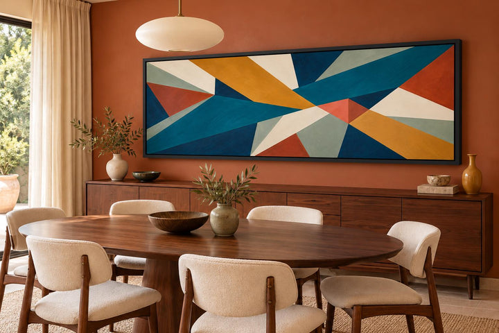 Mid Century Modern Teal and Ochre Geometric Abstract Long Horizontal Canvas Wall Art in dining room