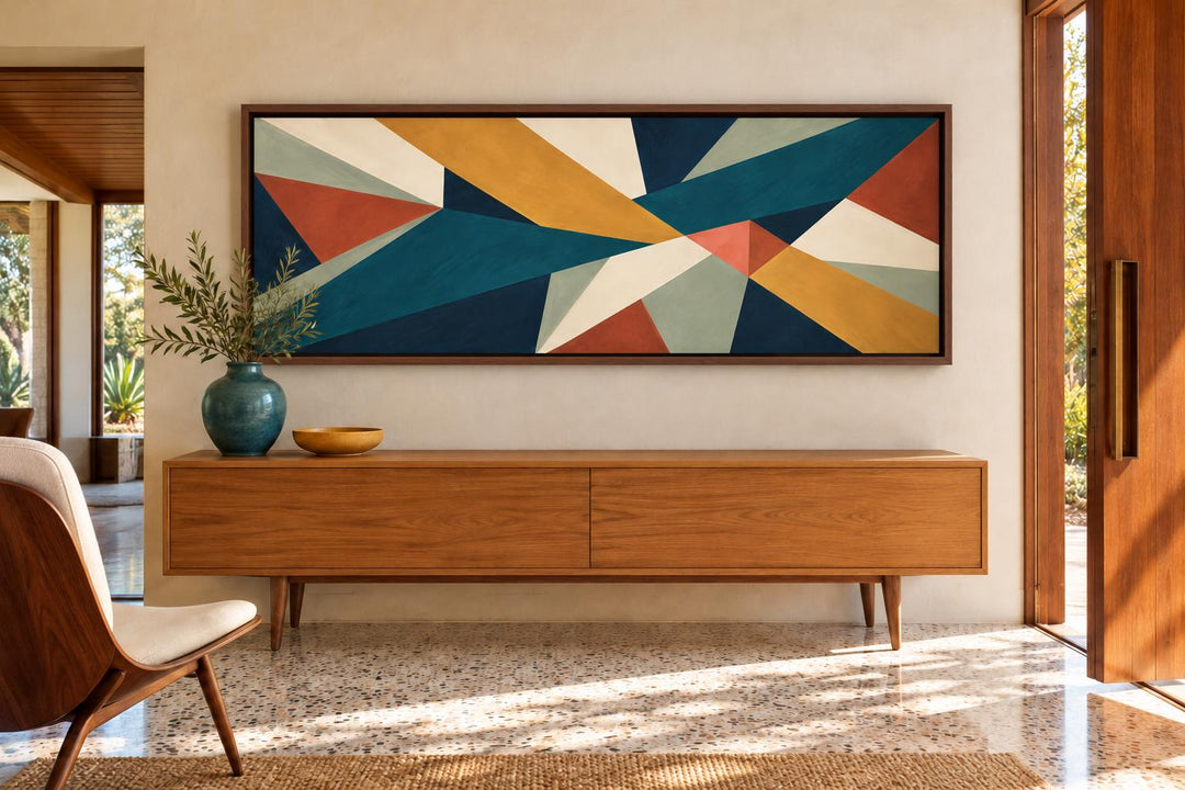 Mid Century Modern teal and ochre geometric abstract long horizontal canvas wall art above a credenza