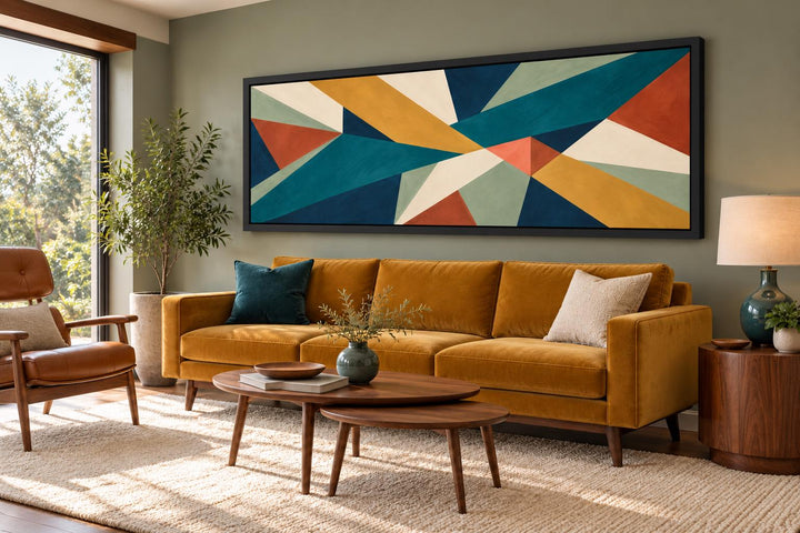 Mid Century Modern Teal and Ochre Geometric Abstract horizontal canvas art above a mustard sofa.
