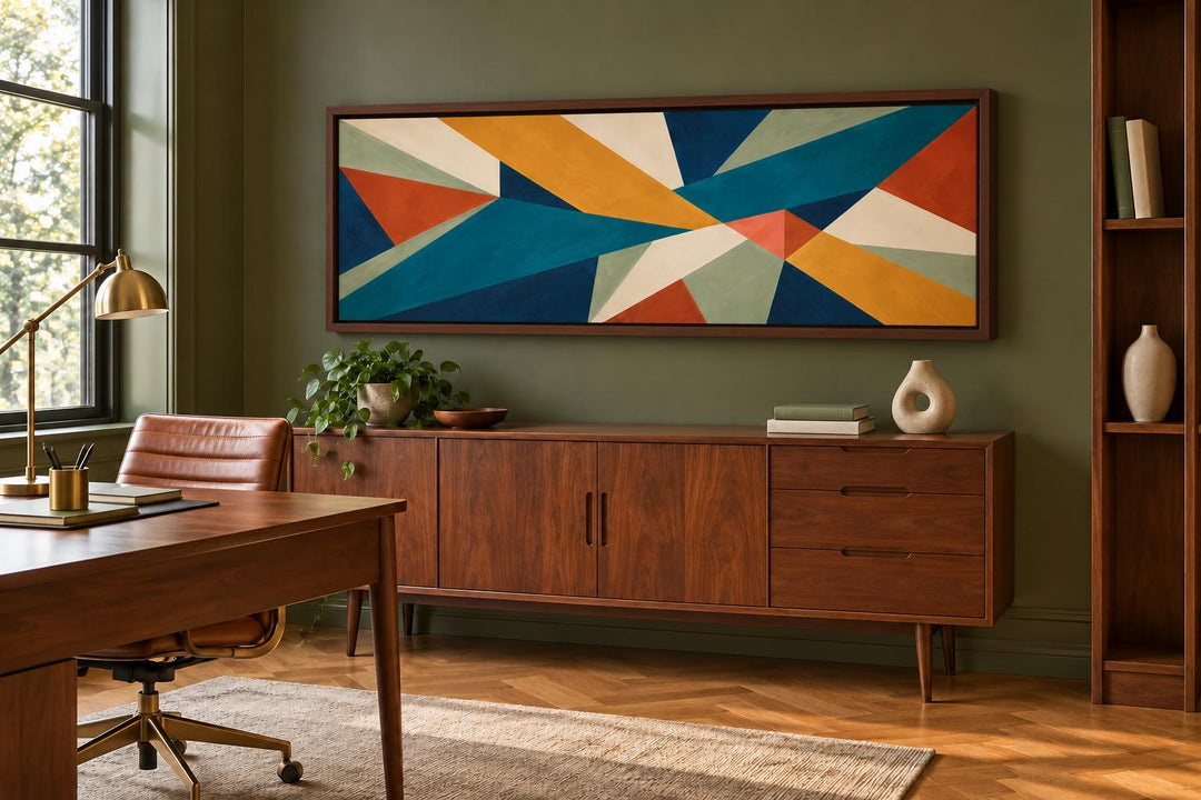 Mid-century modern teal and ochre geometric abstract long horizontal canvas wall art in a home office