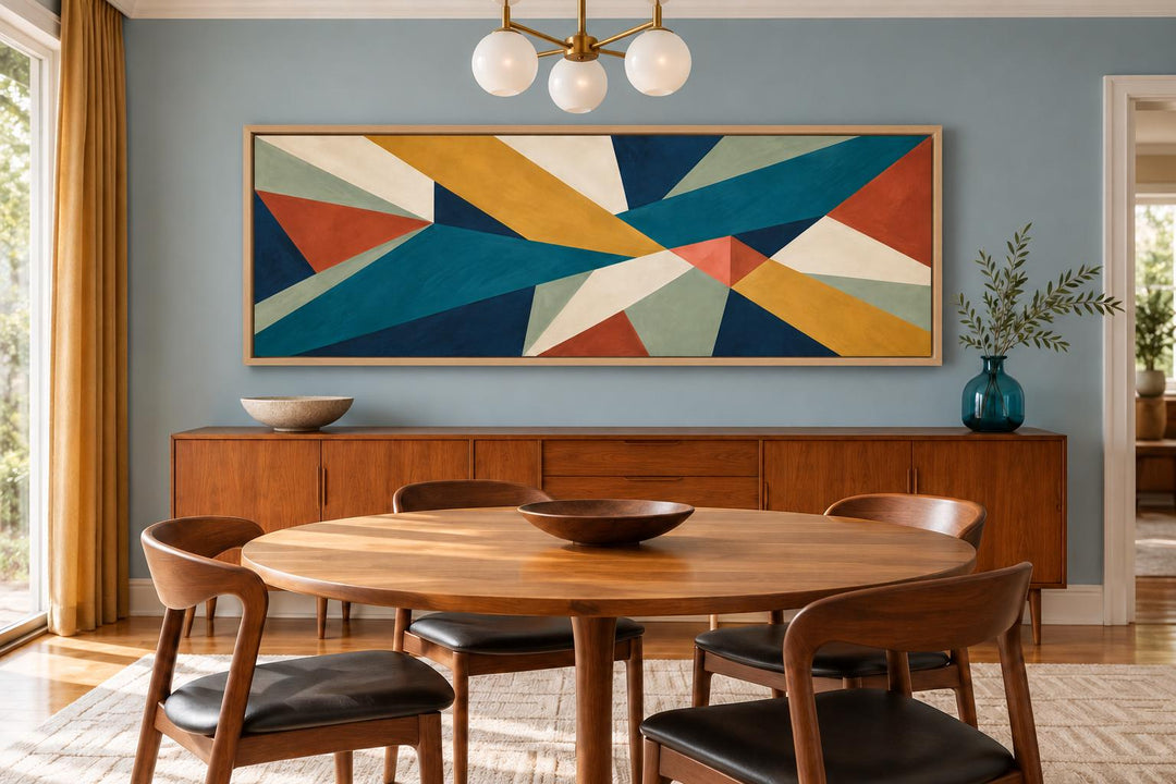 Long horizontal mid-century modern geometric abstract canvas art in teal, ochre, and rust tones.