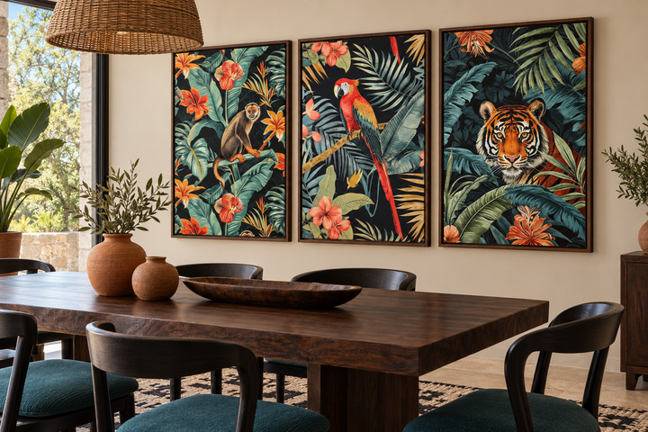 3-piece mid-century modern tropical jungle wall art featuring a monkey, parrot, and tiger.