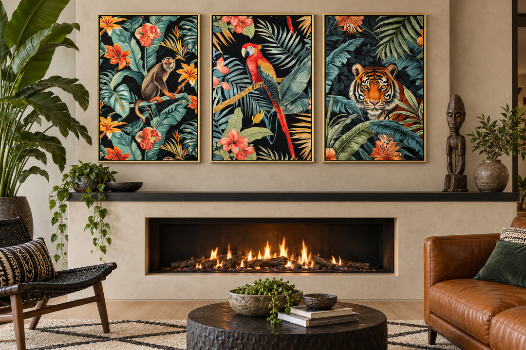 3-piece canvas wall art set featuring a monkey, parrot, and tiger in a tropical jungle setting.