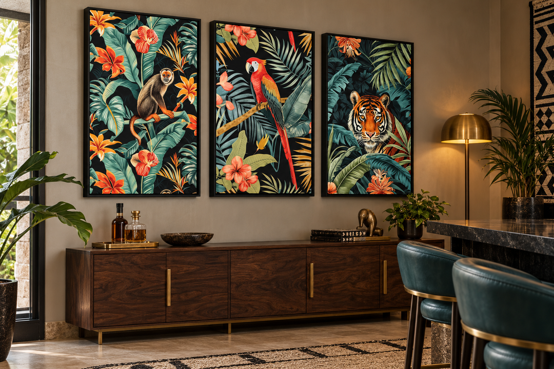3-piece canvas wall art set featuring a monkey, parrot, and tiger in a tropical jungle scene.