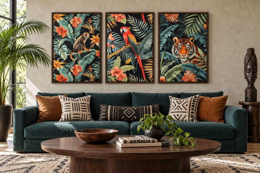 Three-piece tropical canvas wall art set featuring a monkey, parrot, and tiger in lush foliage.