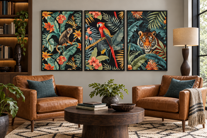 3-piece mid-century modern tropical jungle wall art featuring a monkey, parrot, and tiger.