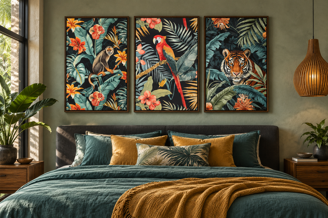 Three-piece tropical jungle wall art set featuring a monkey, parrot, and tiger in a bedroom.