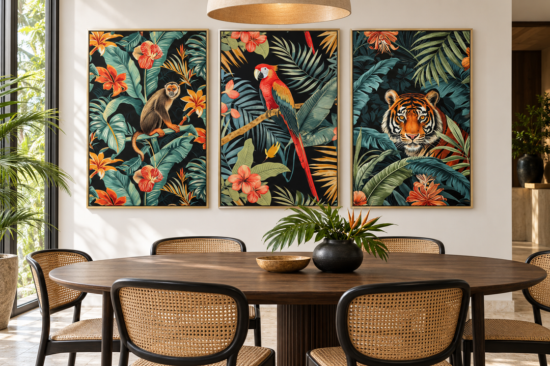 3-piece tropical wall art set featuring a monkey, parrot, and tiger in a modern dining room.