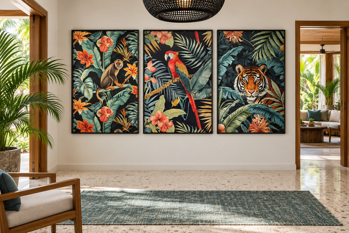 3-piece tropical jungle canvas wall art set featuring a monkey, parrot, and tiger in black frames.