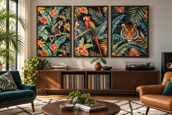 3-piece mid-century modern canvas wall art featuring a monkey, parrot, and tiger in a jungle scene.