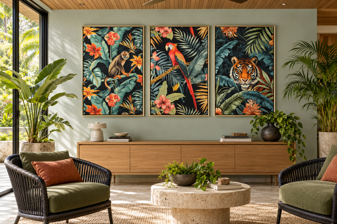 3-piece tropical jungle wall art set featuring a monkey, parrot, and tiger in gold frames.