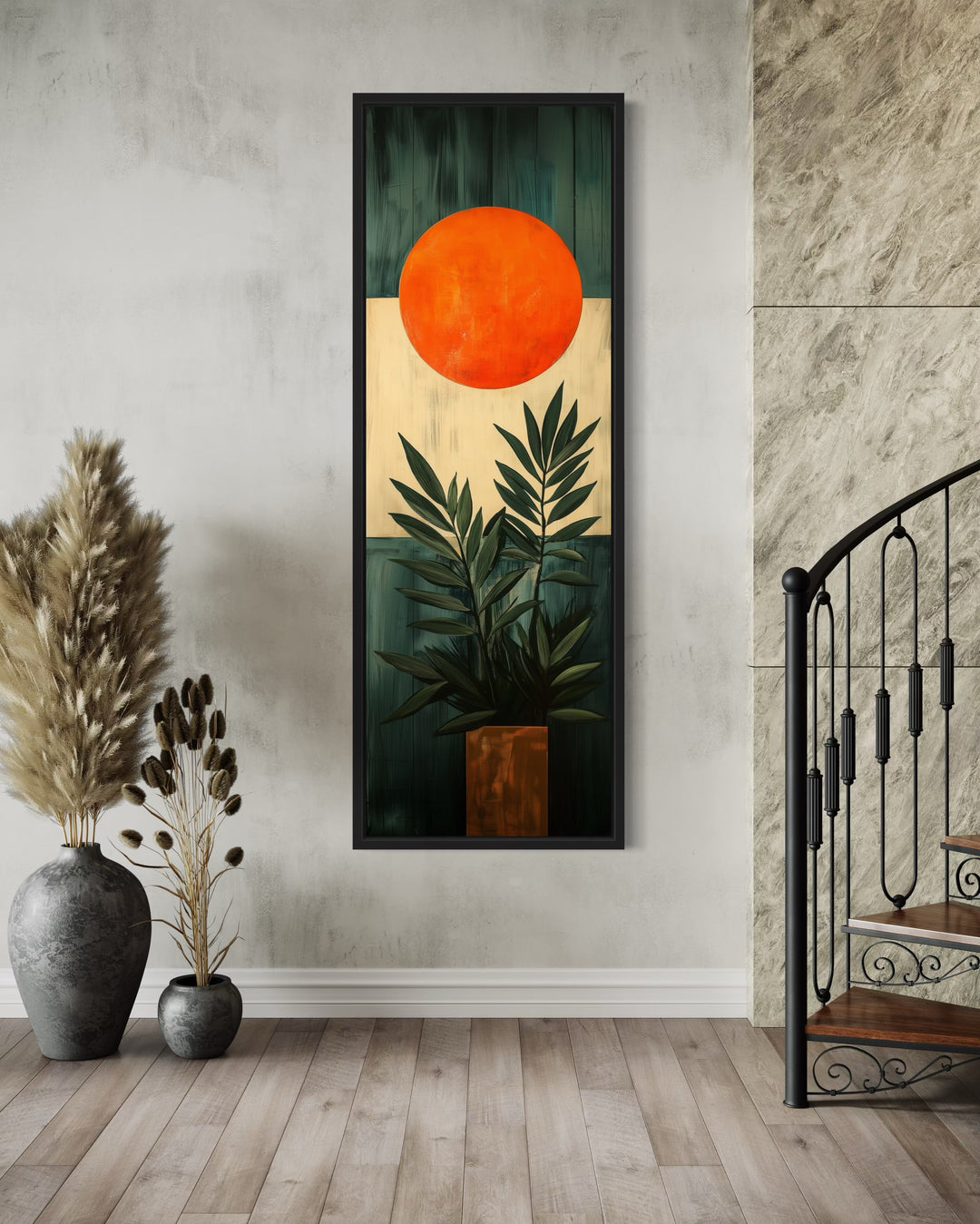 Mid Century Modern Vertical Narrow Orange Sun And Palm Leaves Framed Canvas Wall Art