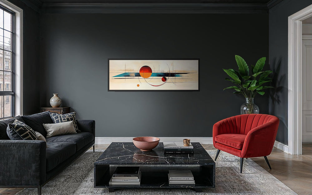 Mid century modern abstract canvas print with geometric shapes in a long horizontal format.