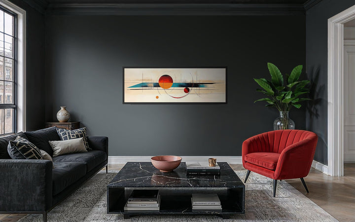 Mid century modern abstract canvas print with geometric shapes in a long horizontal format.