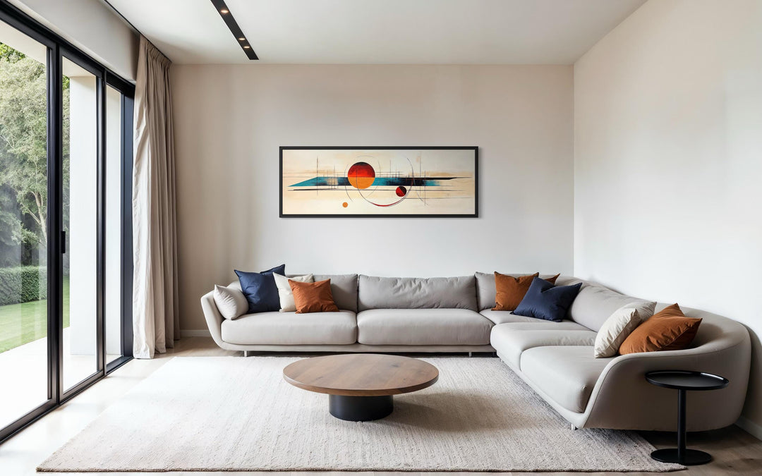 Mid century modern abstract canvas print with geometric shapes in a long horizontal frame.