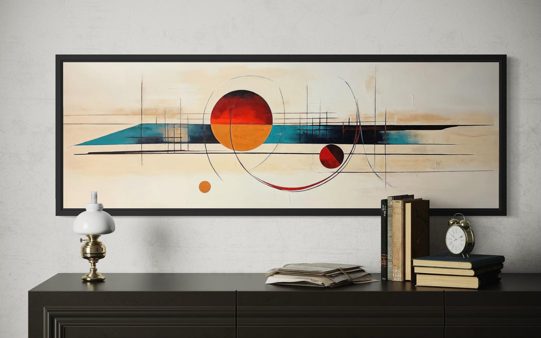 Mid-century modern abstract canvas print with geometric shapes in a long horizontal black frame.