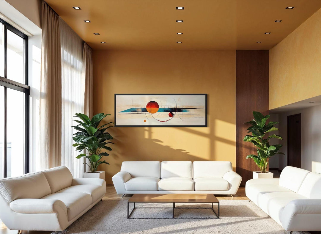Mid Century Modern abstract canvas print with geometric shapes in a long horizontal format.