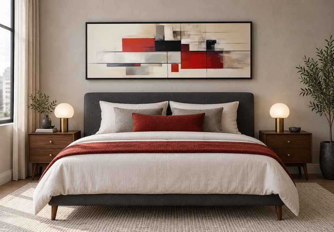 Large abstract canvas print with red, beige, and black geometric shapes in a black frame over a bed.