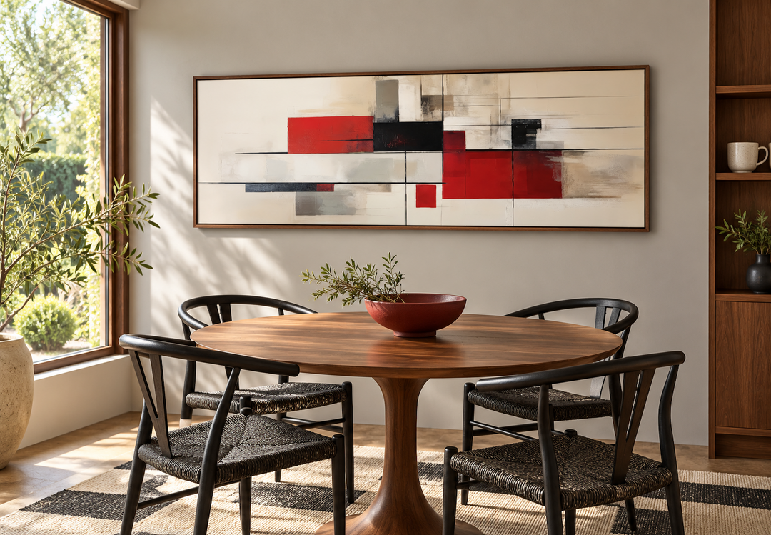 Large mid century modern abstract canvas print with red, black, and beige geometric shapes.