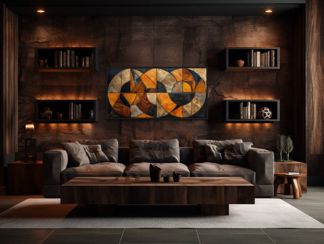 Mid Century Modern Wall Art – Brown Black Geometric Canvas for Living Room Decor