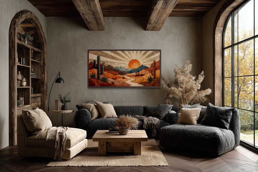 Mid Century Modern desert landscape canvas print with a retro sunset in warm earth tones.