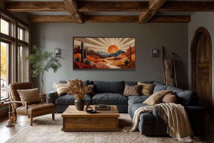 Mid Century Modern desert landscape canvas print with a retro sunset in warm earth tones.