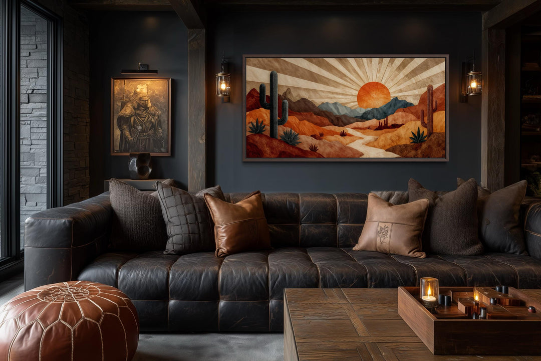 Mid century modern desert landscape canvas print with a retro sunset in warm earth tones.